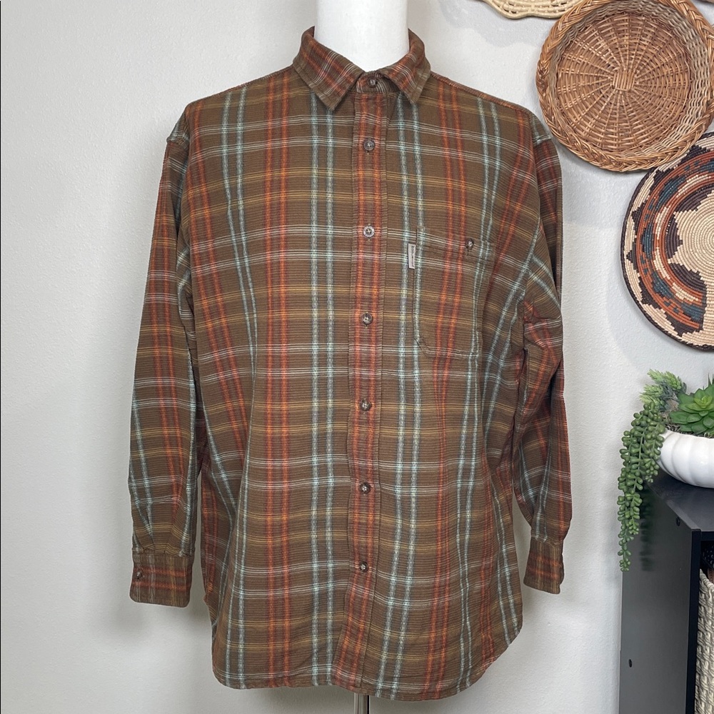 Mens Woolrich Cotton Outdoors Striped Button Up Brown Blue Orange Size X-Large - Picture 2 of 15
